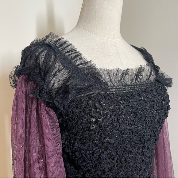 Free People Women’s Plum/Black - SZ L - Smocked Sheer Long Puff Sleeve Top - Picture 11 of 16